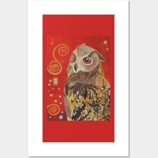 Eagle owl painting in red and gold. Posters and Art